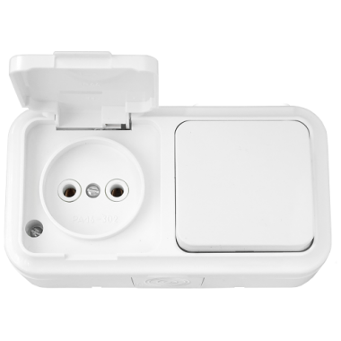 Фотография товара 'Bylectrica Блок 1 выключатель + розетка ОУ IP54, серия ПРАЛЕСКА АКВА, В-РЦ-653'