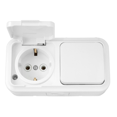 Фотография товара 'Bylectrica Блок 1 выключатель + розетка с заземляющим контактом ОУ IP54, серия ПРАЛЕСКА АКВА, В-РЦ-657'