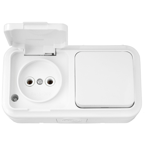 Фотография товара 'Bylectrica Блок 1 выключатель + розетка ОУ IP54, серия ПРАЛЕСКА АКВА, В-РЦ-653'